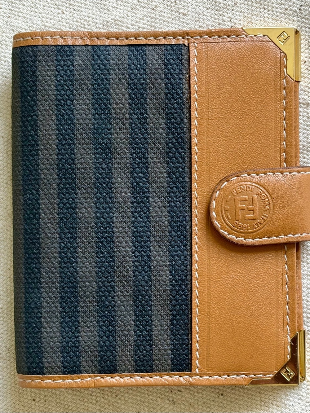 Vintage Fendi Pequin Stripe Leather-Trim Bi-Fold Wallet/Card Holder